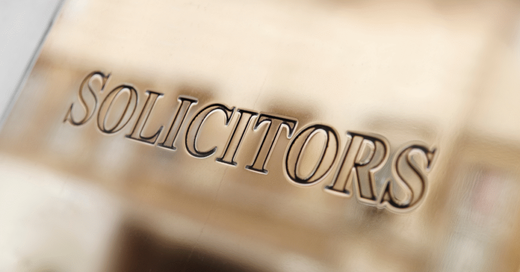 Engraved sign reading 'Solicitors', representing legal services available for divorce in the UK.