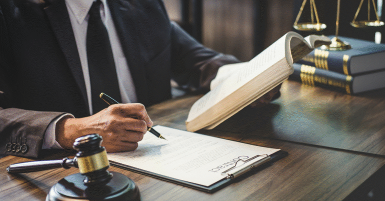 Person reviewing legal documents at a desk with scales of justice, symbolising solicitor support in UK divorce proceedings.