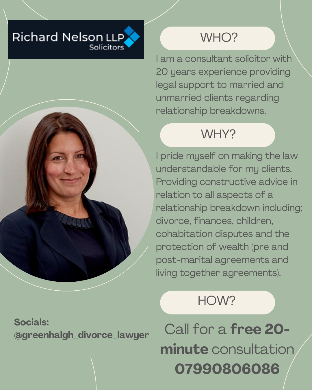 Recommended provider graphic featuring key details about a trusted family solicitor, including name, qualifications, and contact information