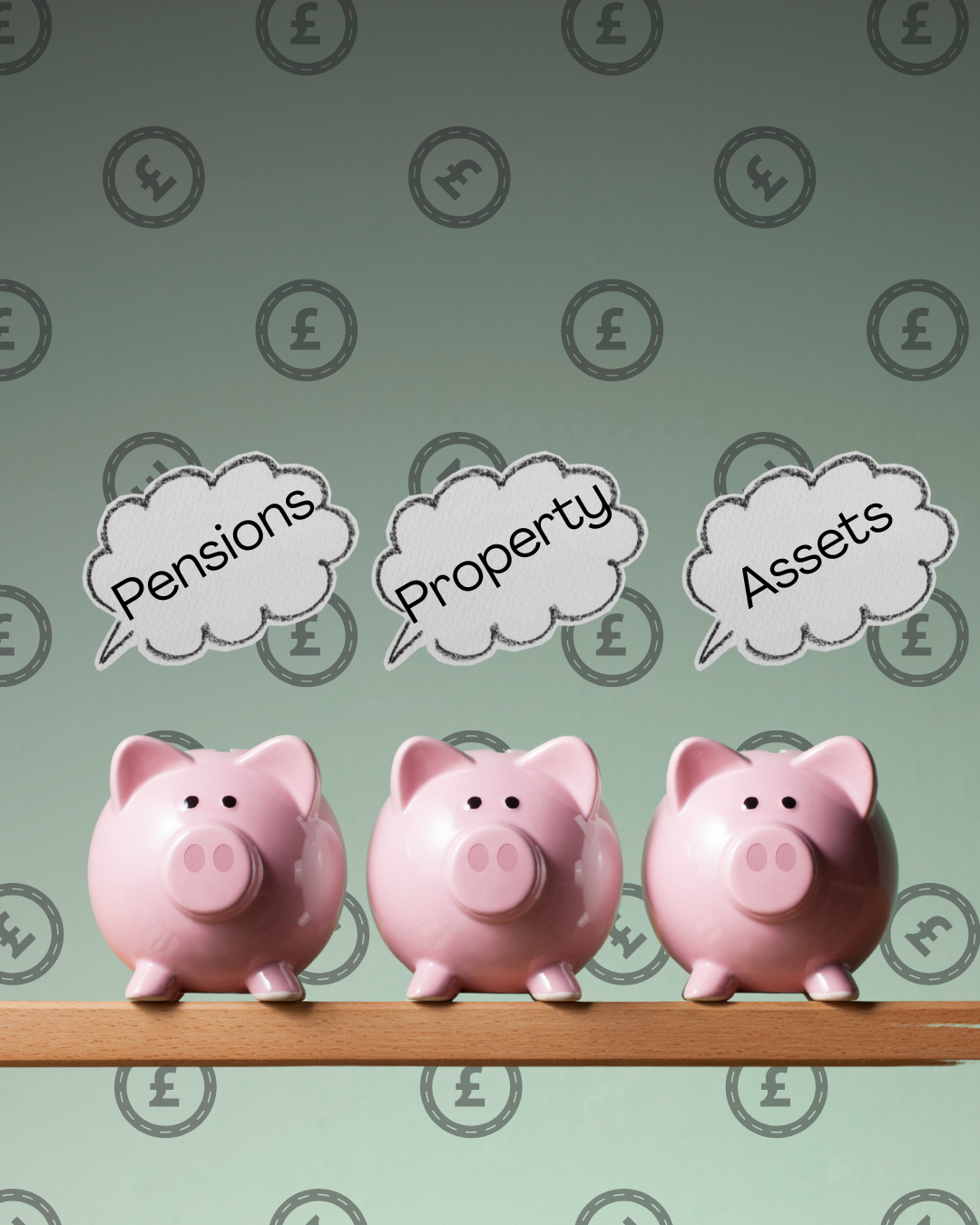Three pink piggy banks standing in a row with speech bubbles asking if a financial order is needed after divorce, representing confusion about post-divorce financial rights.